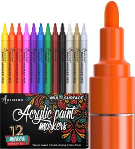Artistro Acrylic Paint Markers with Medium Tip, including rainbow colors, black, white, silver, and gold