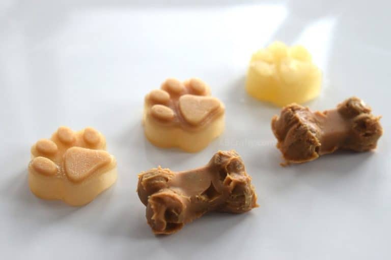 Homemade frozen dog treats in the shapes of paws and bones, made with peanut butter, apple sauce, and chicken broth. Commonly referred to as dog popsicles