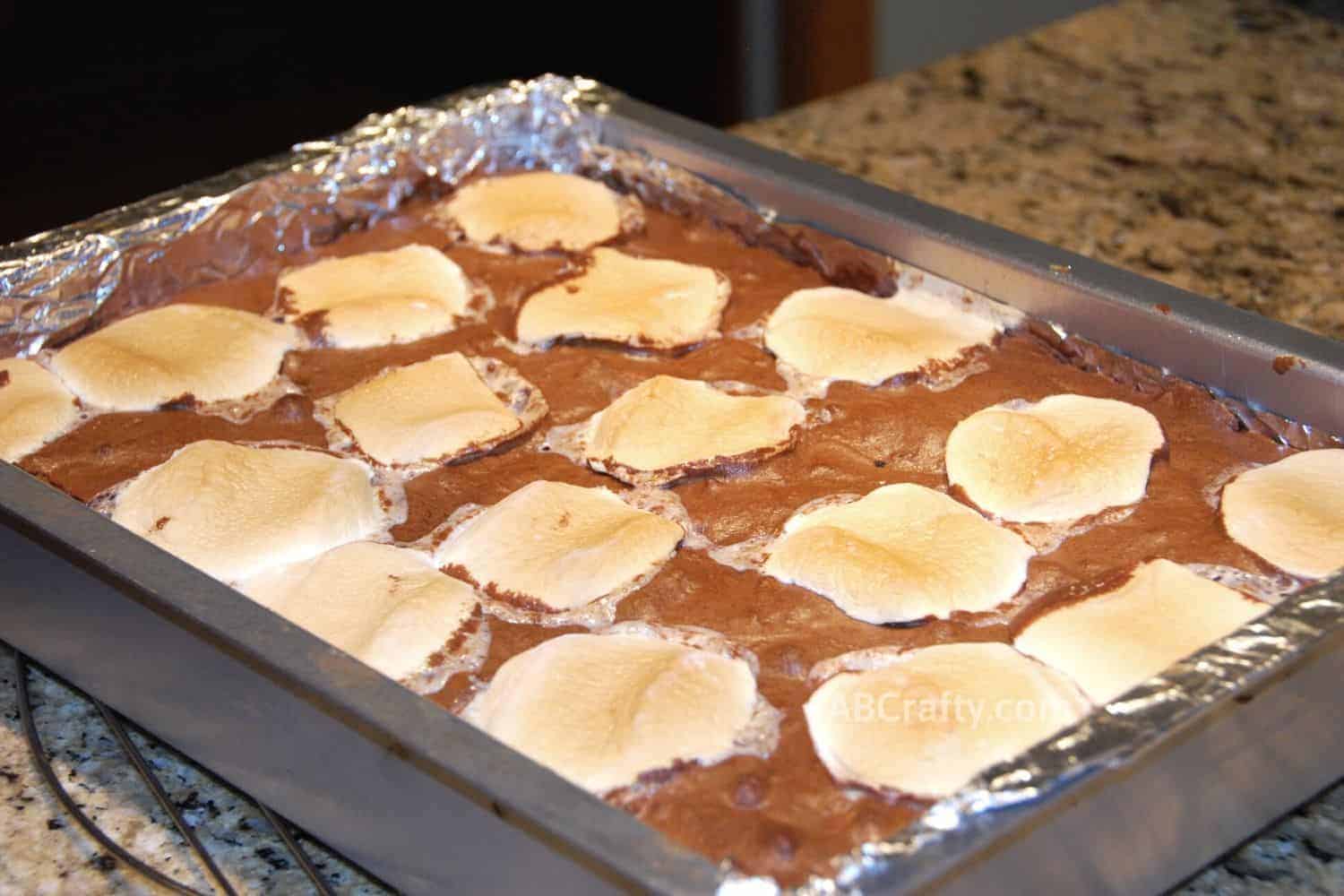 Golden brown marshmallows in 9x13 pan, right out of the oven