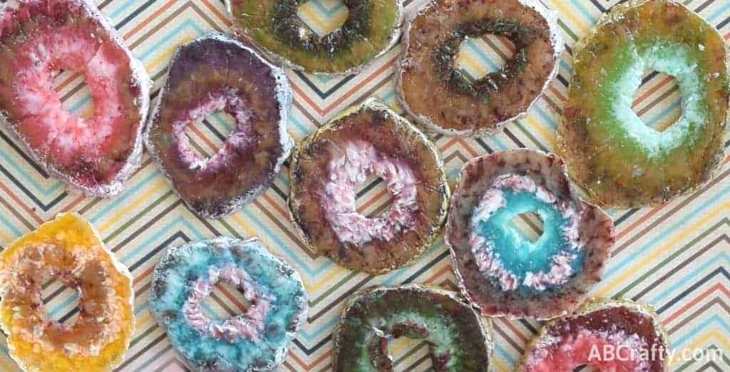 colorful rock candy agate slices resembling pink agate, purple agate, blue agate, green agate, and yellow agate