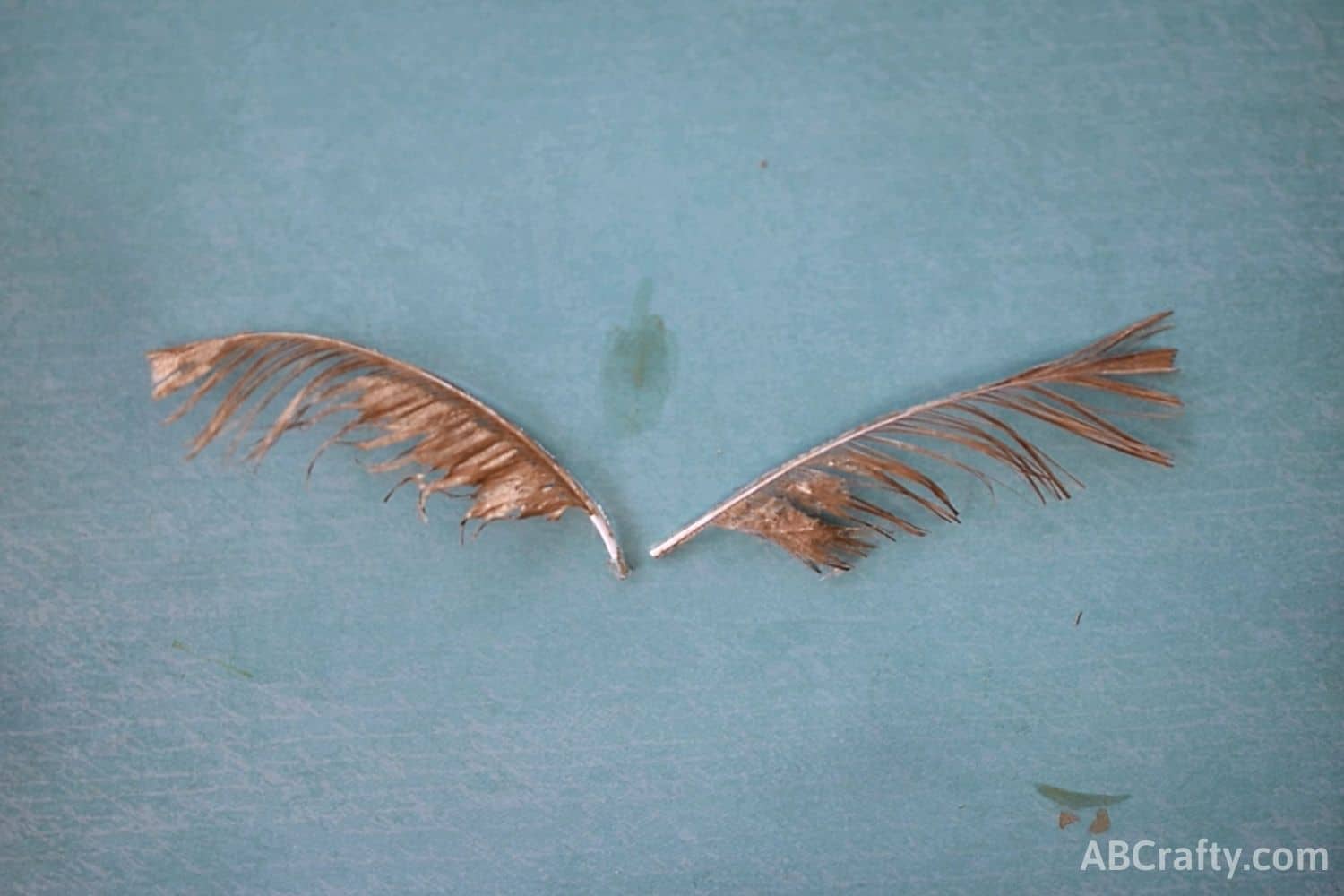 gold feathers that have been cut in half and placed on a table to resemble the wings of the golden snitch from Harry Potter