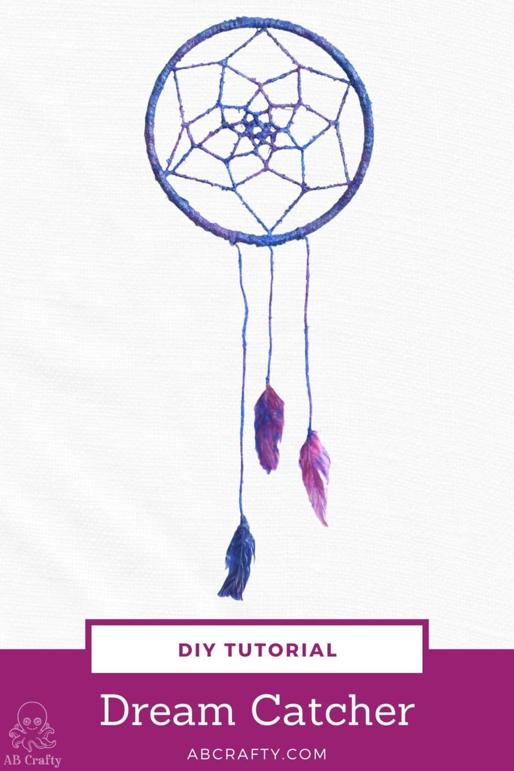 finished galaxy dream catcher with blue, purple, and pink, and feathers. the title reads "diy tutorial - dream catcher, abcrafty.com"