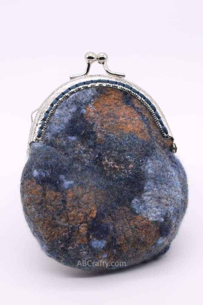 Handmade DIY wet felted coin purse in denim colors