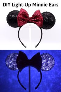 DIY light up minnie mouse ears with the ears in regular light in one image and lit up in the dark in another