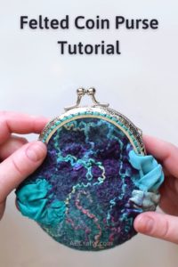 Finished handmade coin poach with the words "felted coin purse tutorial" over it