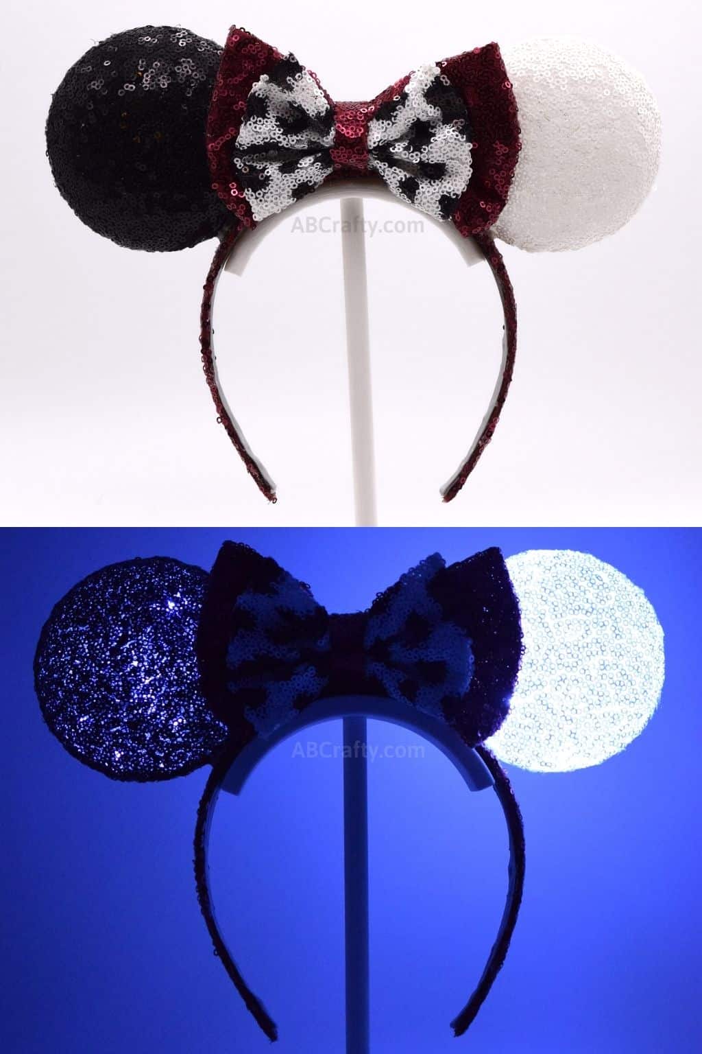 Cruelle Deville Mickey Ears with black and white sequin ears on a black headband. Second photo of the 101 Dalmations Disney ears lit up in the dark