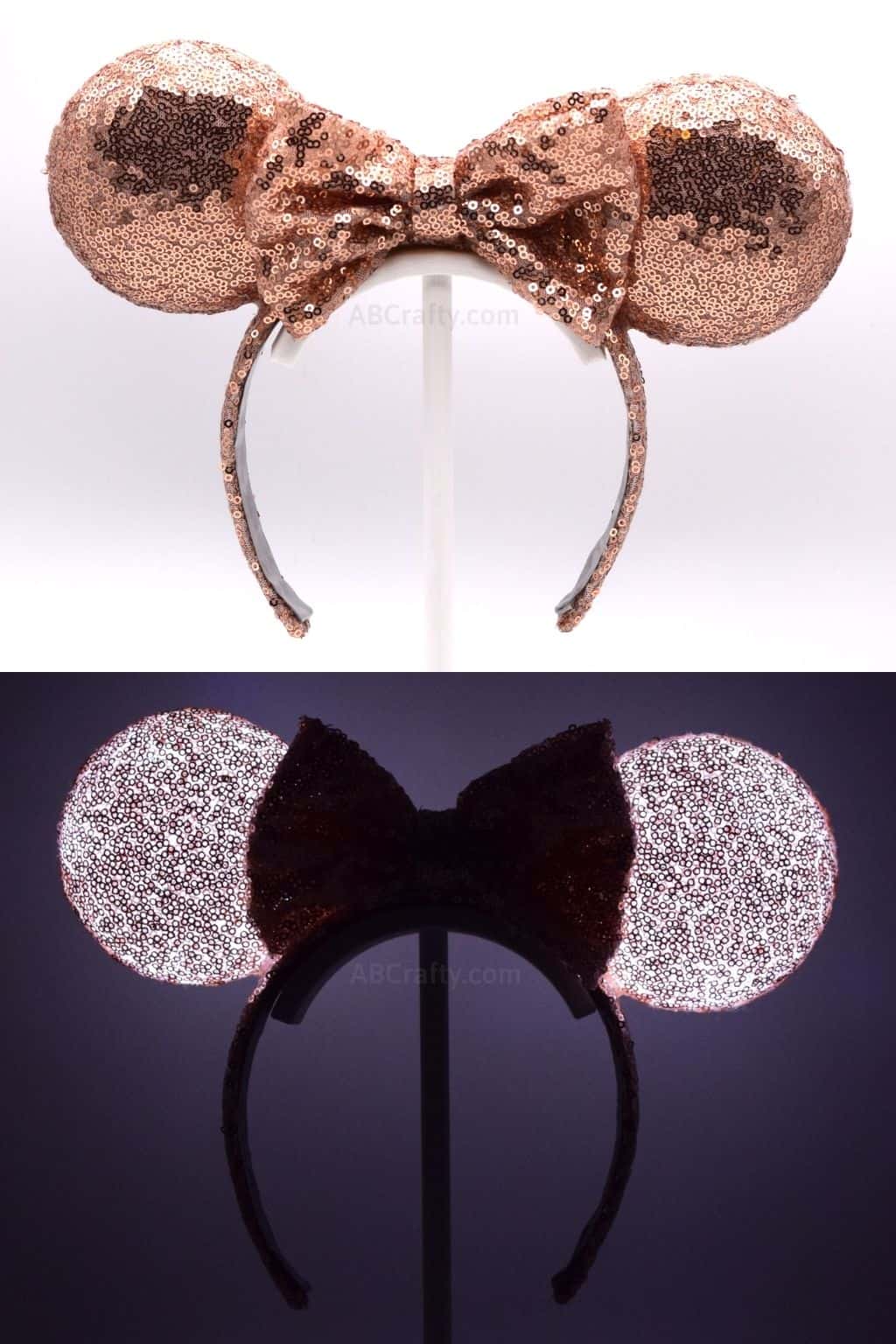 DIY Rose Gold Minnie Ears in the light and lit up in the dark