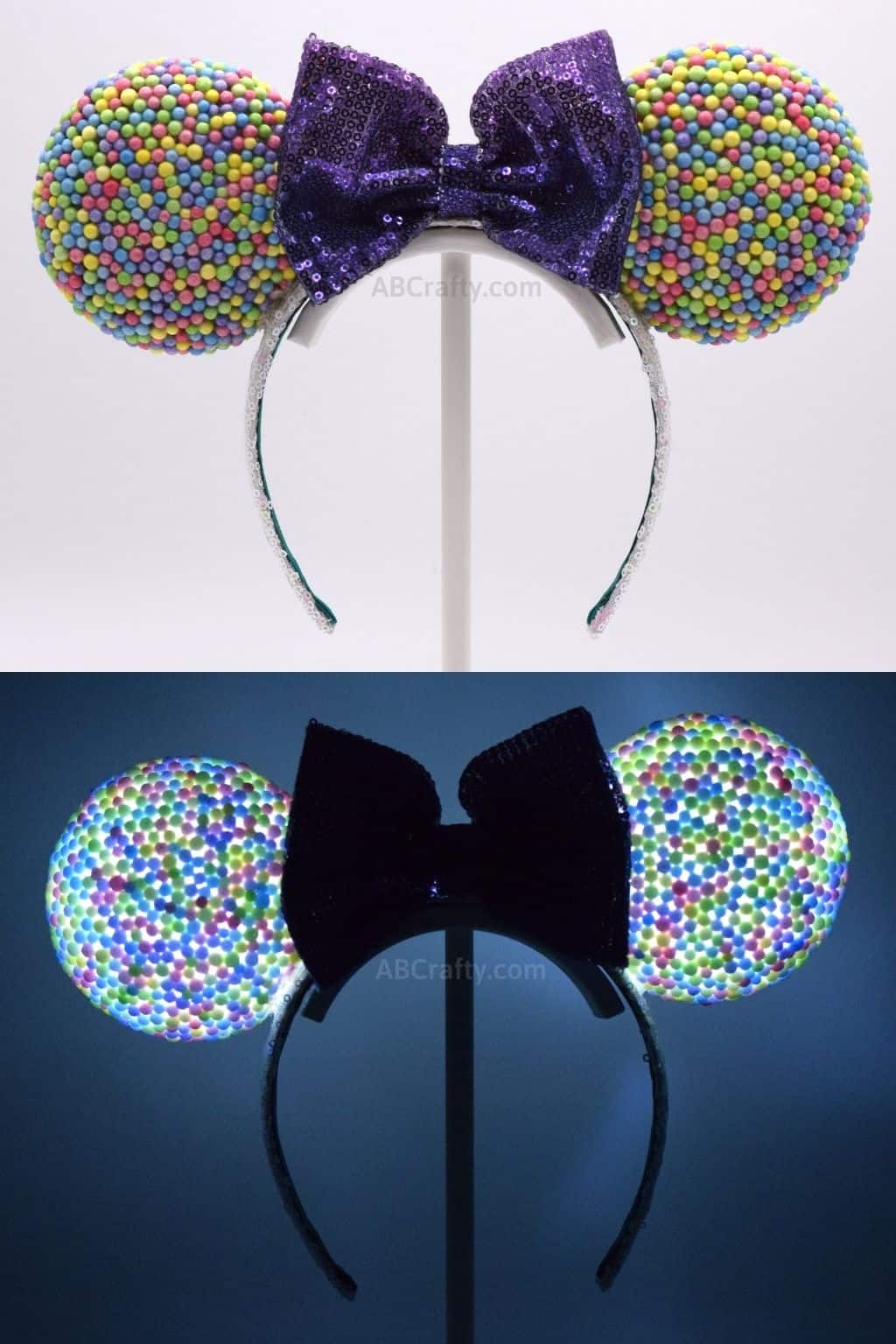 DIY Rainbow Mickey Ears that look like candy or dippin' dots with a purple bow. The second image is the headband lit up in the dark