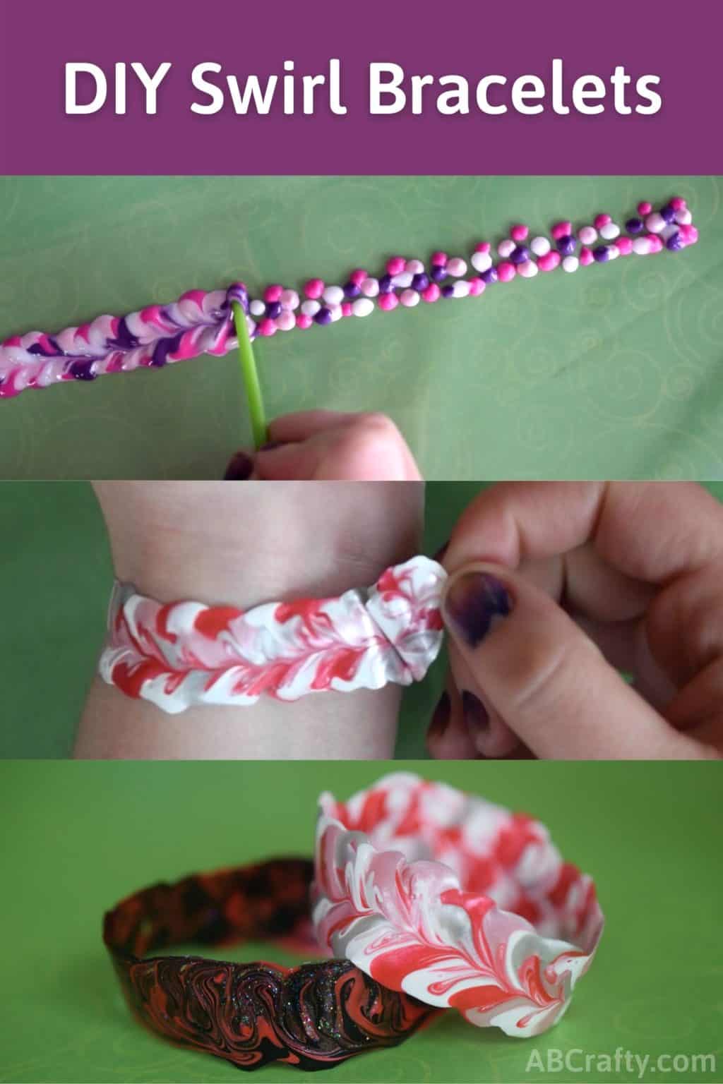 Process to how to make DIY bracelets with fabric paint, with the title "DIY Swirl Bracelets"