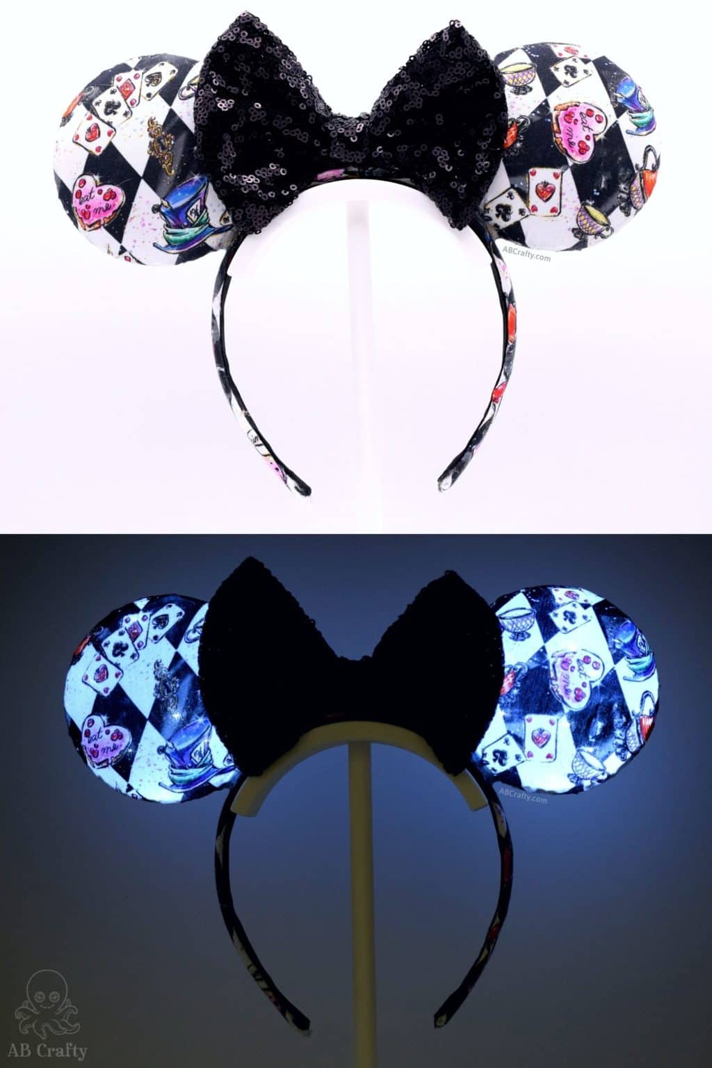 top photo is the finished alice and wonderland disney ears with black sequin bow and checkerboard alice in wonderland fabric and the bottom image is the ears lit up in the dark