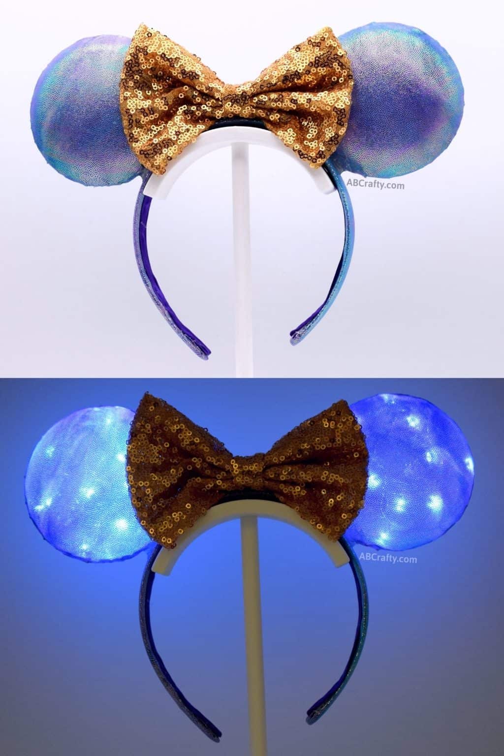 diy purple and blue iridescent mickey mouse ears both in the light and lit up in the disney world 50th anniversary colors
