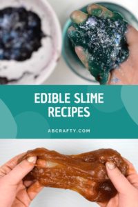 holding homemade galaxy slime with glitter on top and stretching brown diy slime in the bottom image with the title "edible slime recipes, abcrafty.com"
