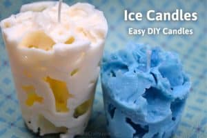 Blue and white candles with holes in them making them look like swiss cheese. The title reads "Ice Candles, easy diy candles"