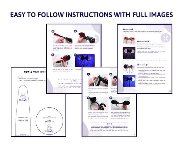 Pages from the DIY light up mickey ears tutorial showing the steps and instructions and the mickey ears template