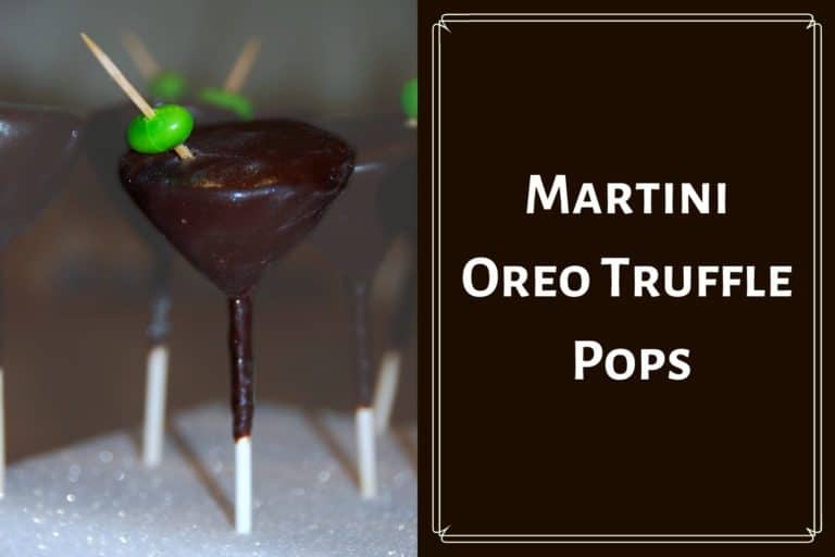 martini glass made of oreo balls and cream cheese, covered in chocolate and topped with a green jellybean on a toothpick as the olive. All on a cake pop stick stuck into some foam as a cake pop stand. title reads "martini oreo truffle pops"
