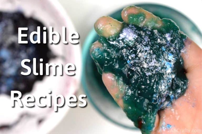Holding homemade edible galaxy slime with glitter on top and the words "edible slime recipes" next to it
