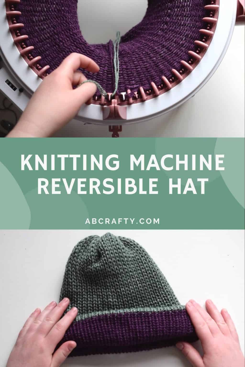 sentro knitting machine with purple yarn knit on it and a purple and green knit beanie with the title "knitting machine reversible hat, abcrafty.com"