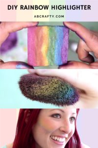 multiple photos including holding a finished rainbow highlighter, a makeup brush with rainbow makeup on it, and daniela, ab crafty founder with rainbow makeup on her cheekbone with red hair