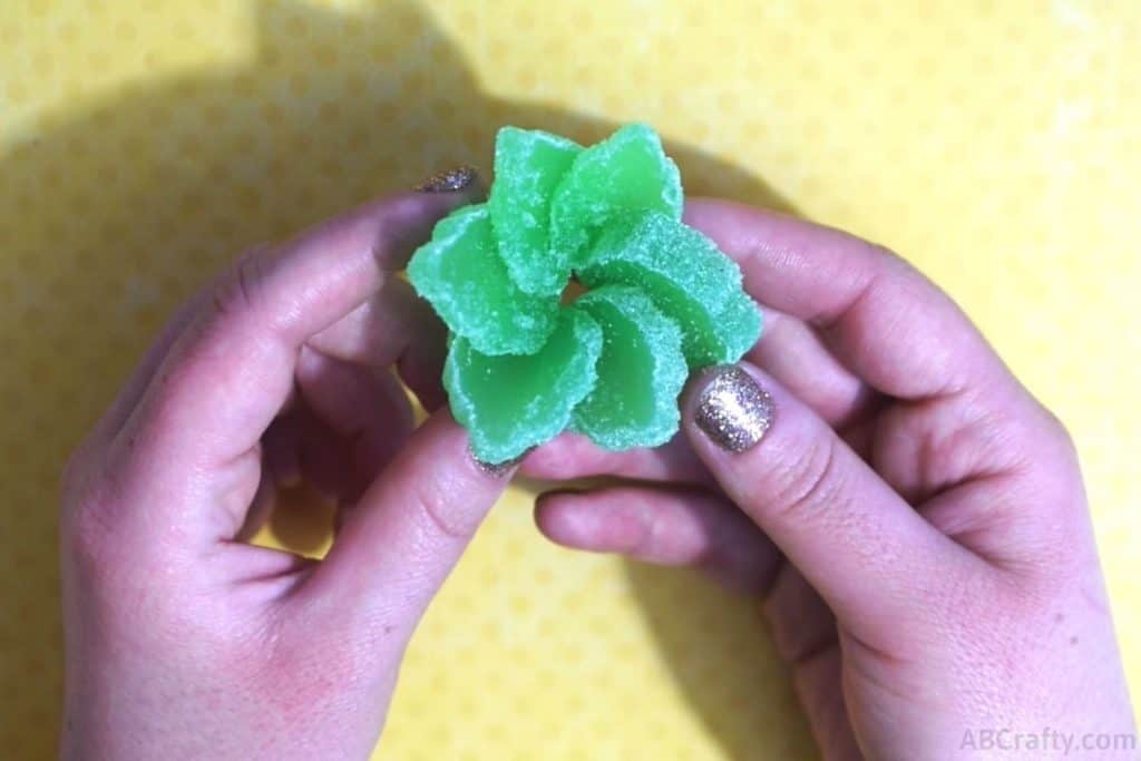 holding the finished edible succulent made out of green candy