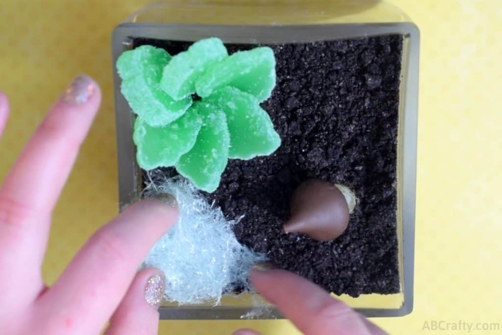 placing the cotton candy moss or grass onto the oreo dirt of the edible terrarium