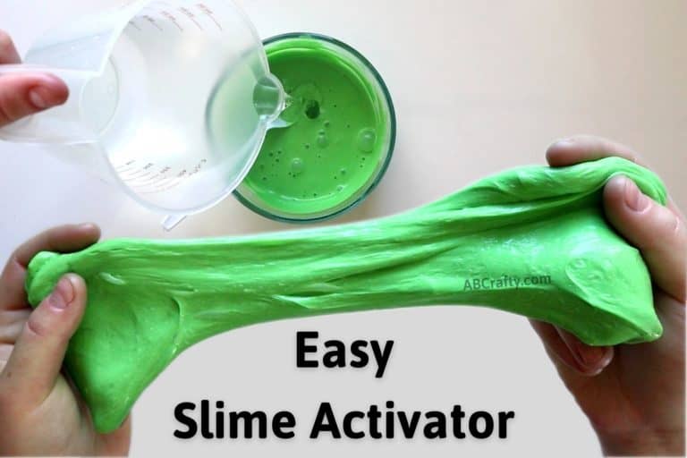 hands stretching green slime and a hand pouring liquid into a green slimy mixture with the title 'easy slime activator'