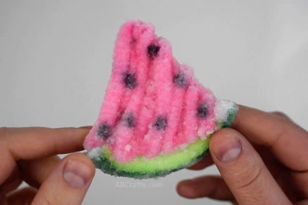 holding a watermelon slice covered in borax crystals made of pipe cleaners