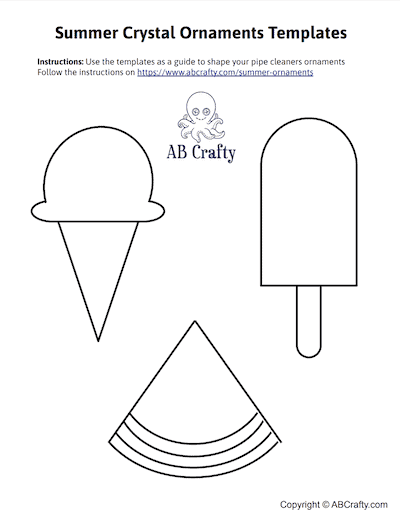 Image of template to make summer borax crystal ornaments in the shapes of an ice cream cone, popsicle, and watermelon slice