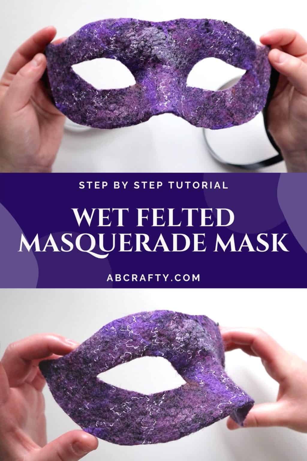 top photo is holding the purple wet felted Venetian mask facing front with the bottom showing the side of the mask