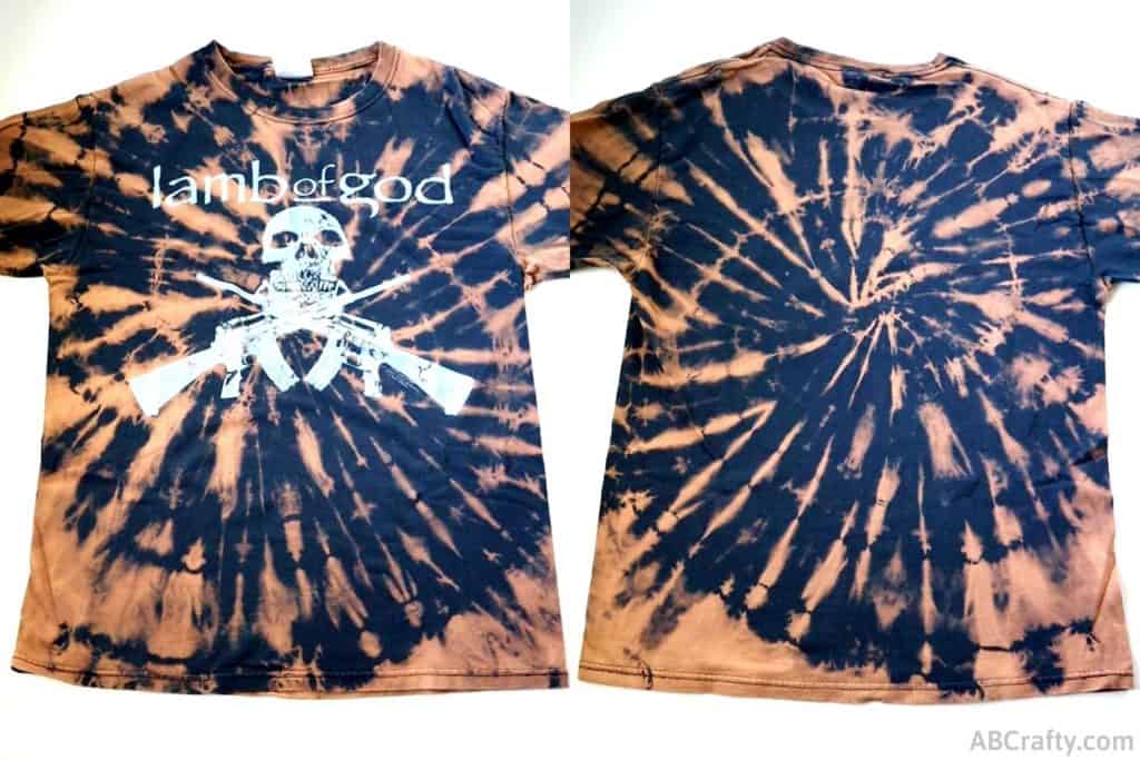 front and back of a reverse tie dye lamb of god t shirt in a spiral tie dye pattern