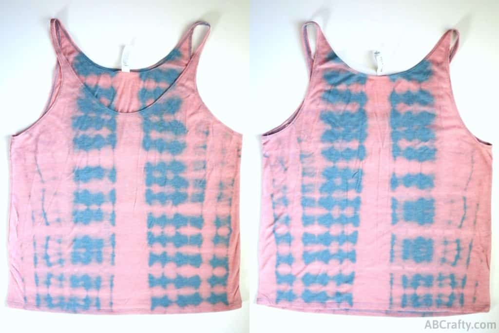 finished front and back of the bleach tie dye tank top that has striped pattern of blue and pink