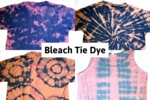4 reverse tie dye t shirts with different patterns with the title "bleach tie dye"