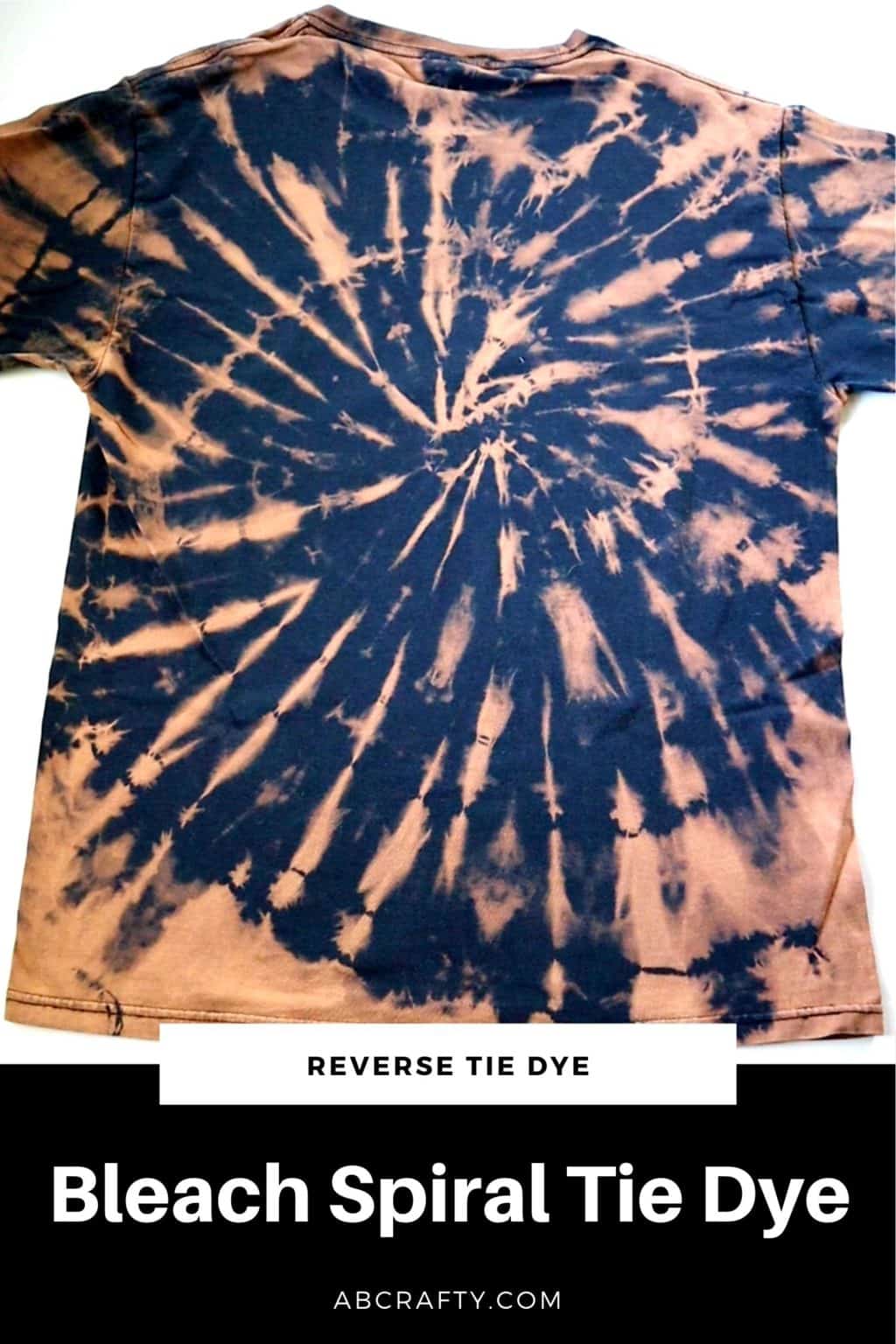 black and orange spiral reverse tie dye t shirt with the title "bleach spiral tie dye"