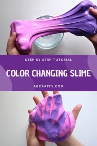 top photo shows hand stretching pink and purple slime with the bottom photo showing pink slime with a purple handprint. the title reads "step by step tutorial - color changing slime"