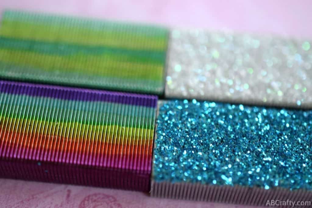 4 sets of colored staples including green staples, rainbow staples, glitter white staples, and glitter blue staples