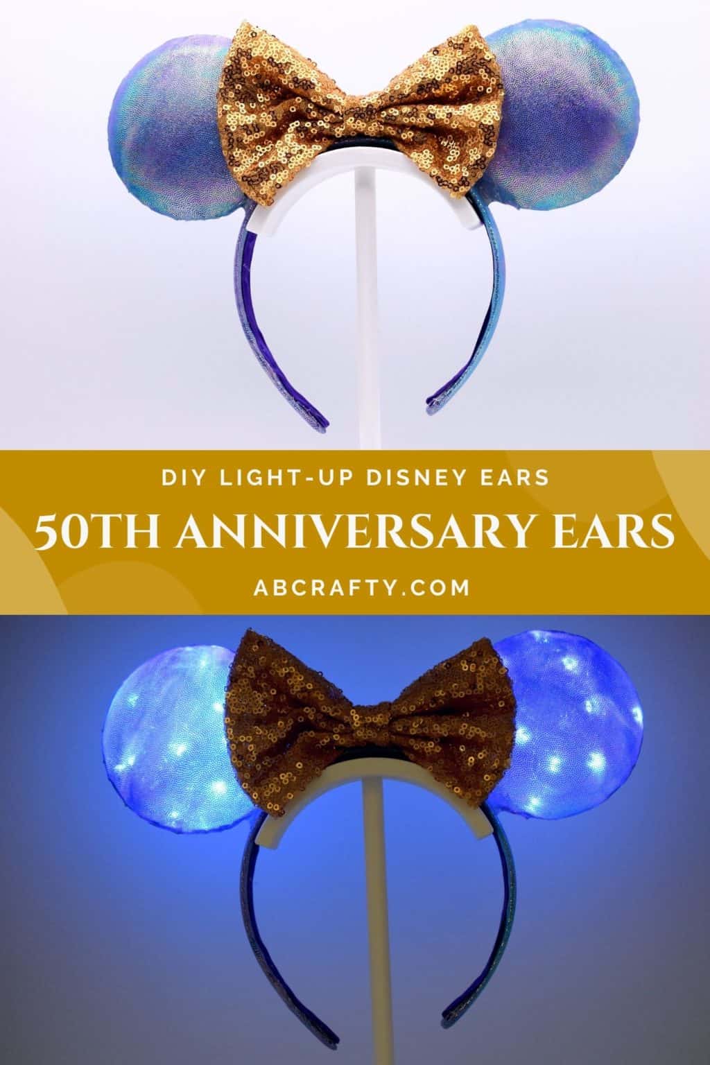 diy purple and blue earidescent mickey mouse ears both in the light and lit up with the title diy light up disney ears - disney world 50th anniversary ears