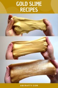three images of hands stretching gold slimes, including metallic slime, smooth gold slime, and glitter gold slime