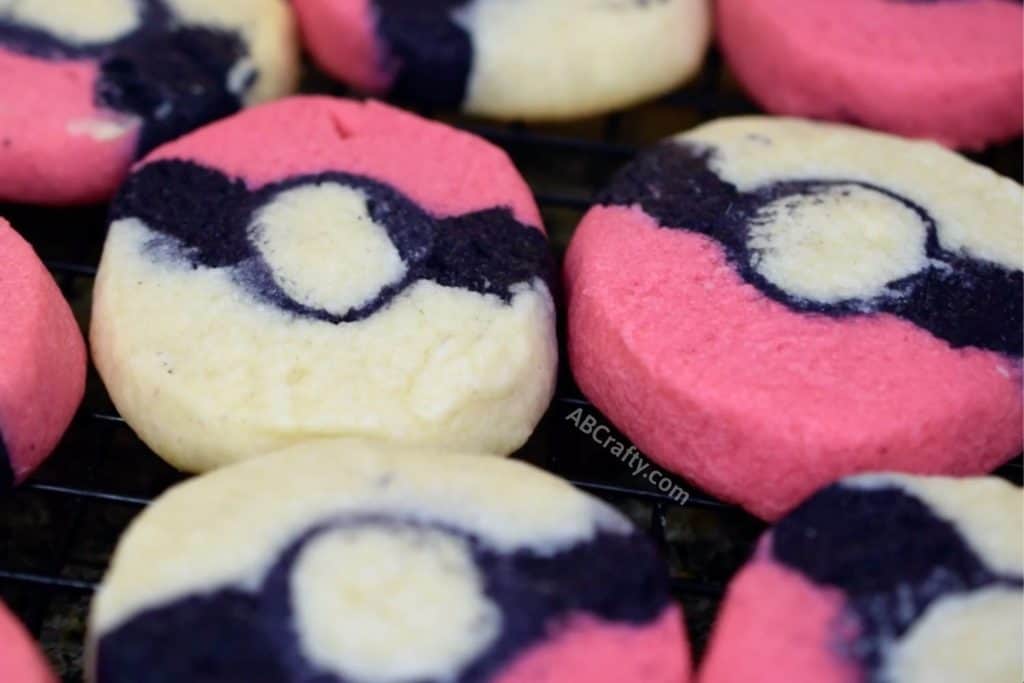close up of pokemon cookies in the shape of a pokeball