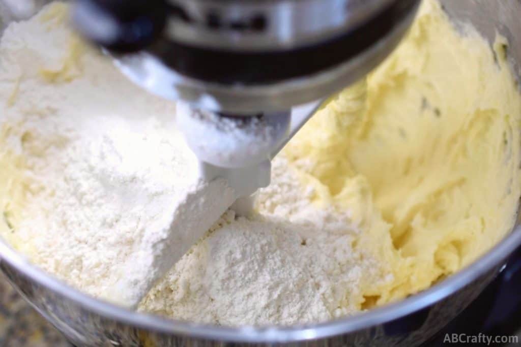 flour added to creamed butter in a stand mixer