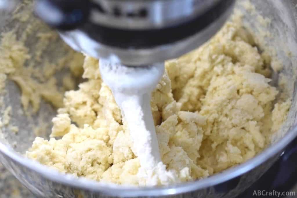 sugar cookie dough mixed in a stand mixer