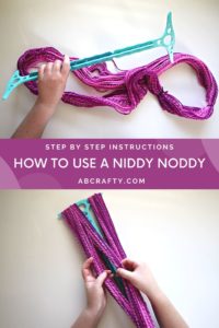top photo is a hank of hand spun pink yarn while holding a 3d printed 2 yard niddy noddy over it and the bottom photo is diving the yarn in two with the title "how to use a niddy noddy"