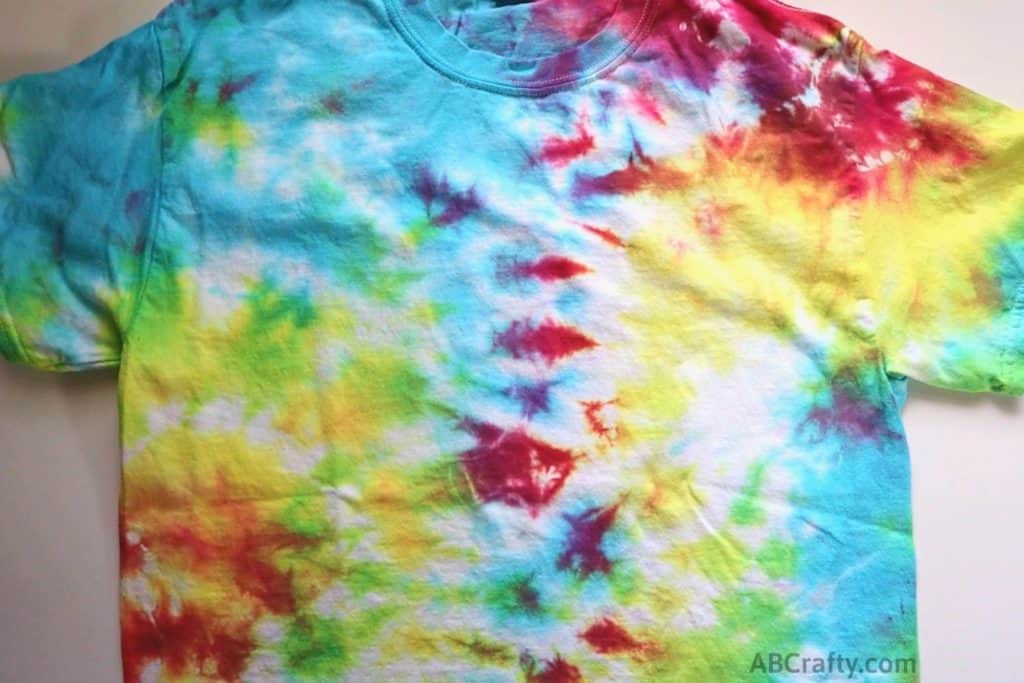 finished scrunch tie dye shirt with rainbow colors