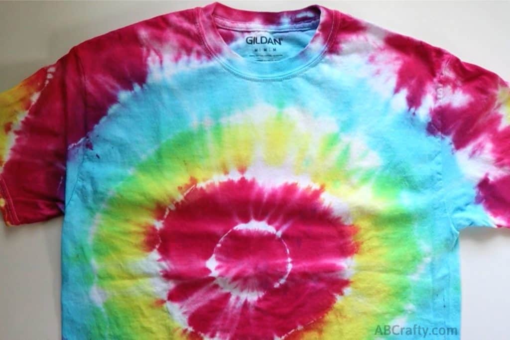 finished tie dye shirt with a rainbow target tie dye pattern