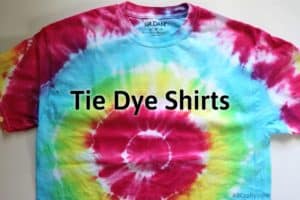 finished tie dye shirt with a rainbow target tie dye pattern with the title "tie dye shirts"