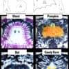 images tie dye shirts with a ghost, pumpkin, bat, and candy corn and images of the templates to make the tie dye designs with the title "halloween tie dye free printable templates"