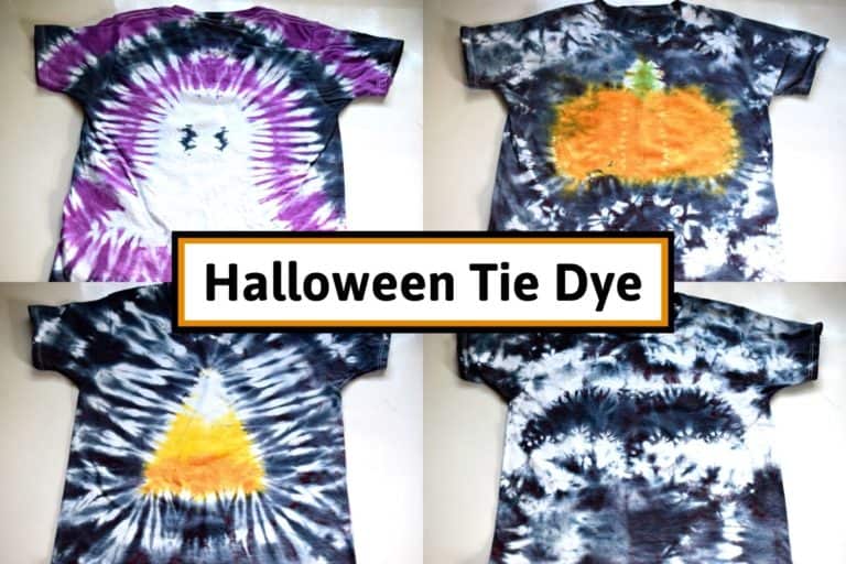 halloween tie dye shirts with different halloween tie dye patterns including a ghost, pumpkin, candy corn, and bat