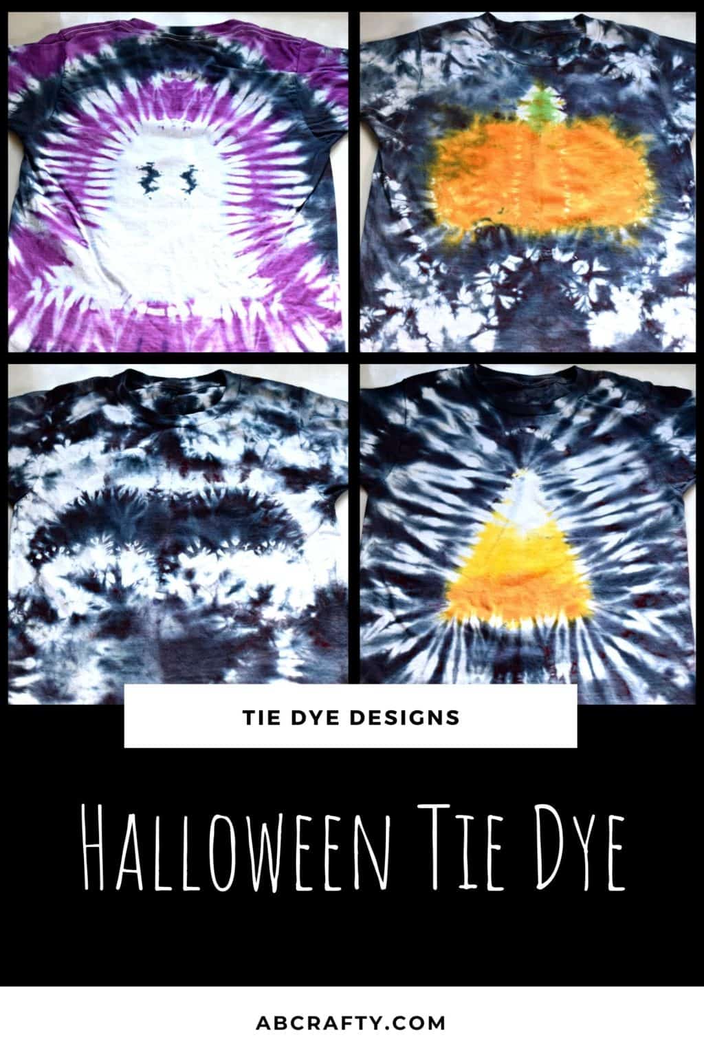 halloween tie dye shirts with different halloween tie dye patterns including a ghost, pumpkin, candy corn, and bat