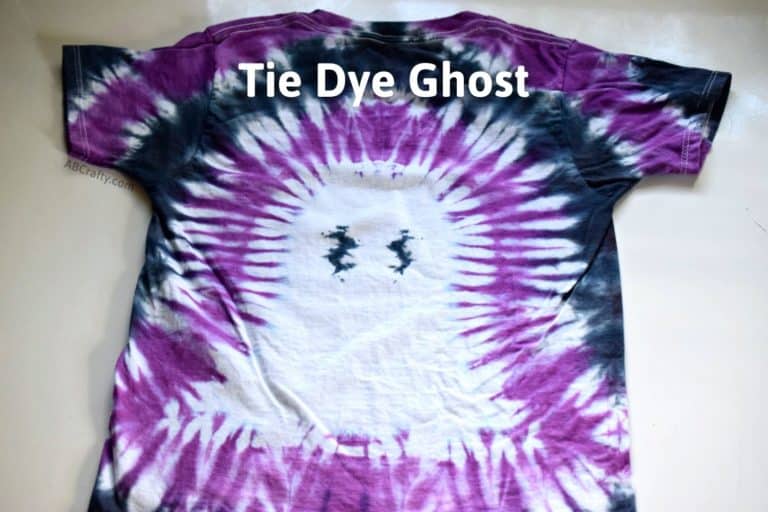 finished ghost tie dye shirt with purple and black stripes and the title "tie dye ghost"