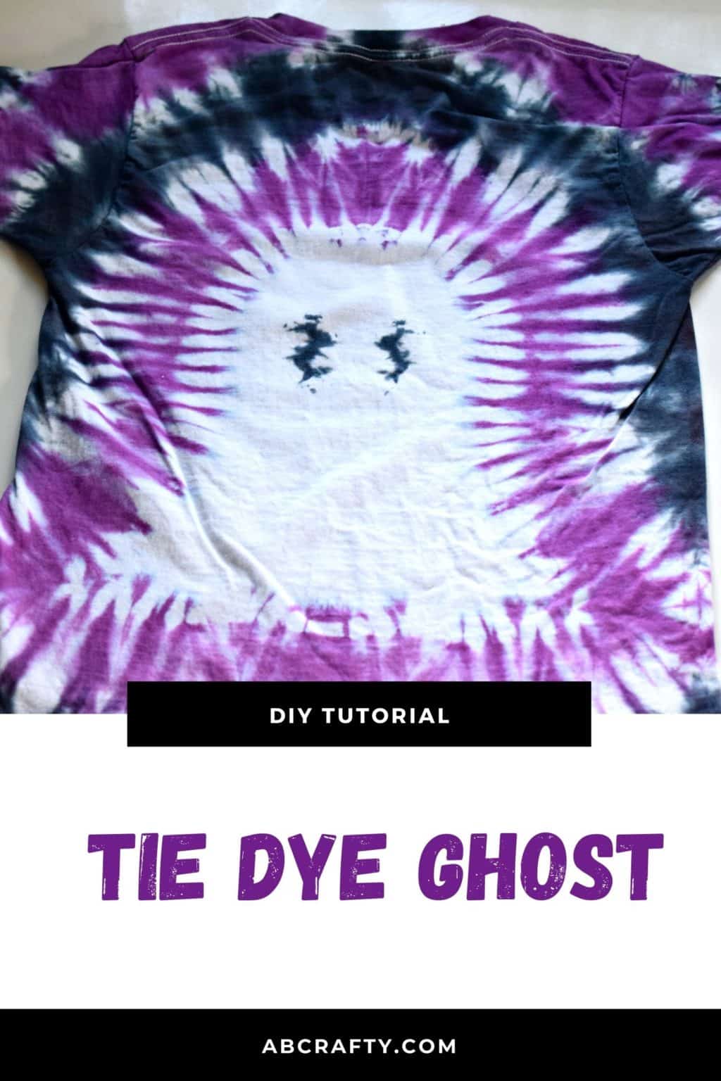 finished ghost tie dye shirt with purple and black stripes and the title "tie tutorial - tie dye ghost"
