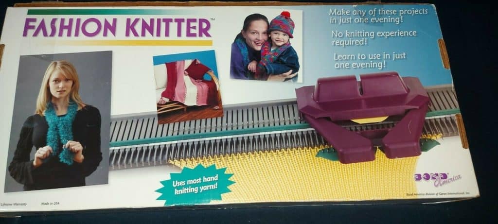 small flatbed knitting machine in its box labelled bond america fashion knitter