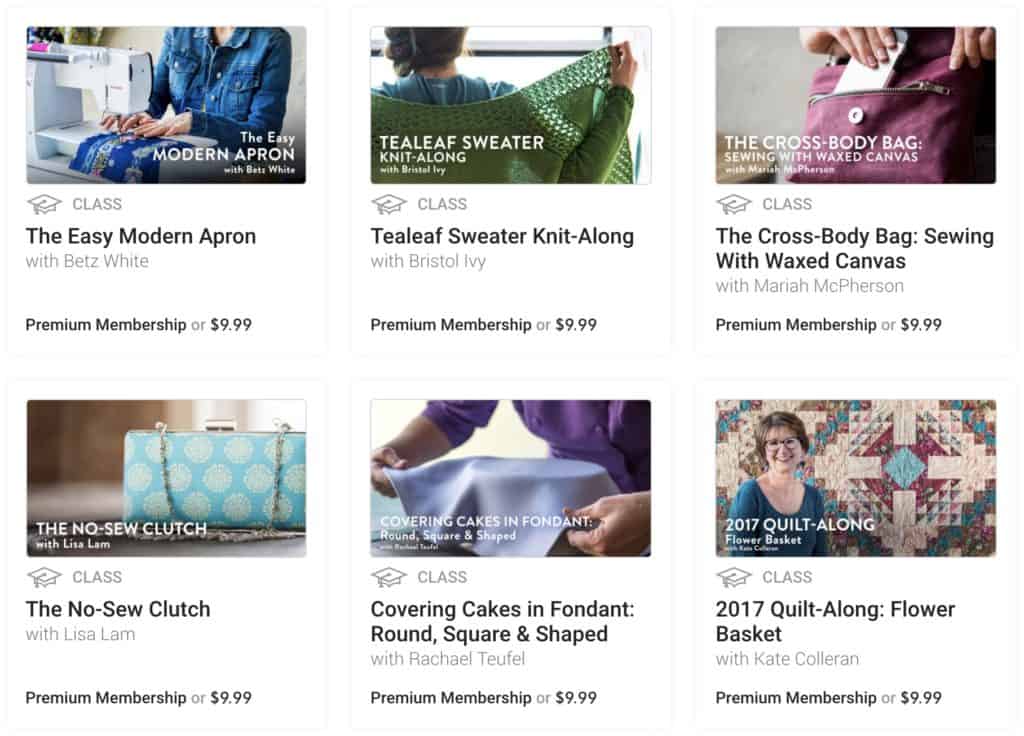screenshot of craftsy.com showing various online crafting classes under $10, including sewing, knitting, and cake decorating classes